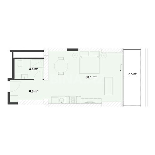 Sea Breeze Sky Park yaşayış kompleksi, mənzilin planı - 1-otaqlı, 56.7 m²