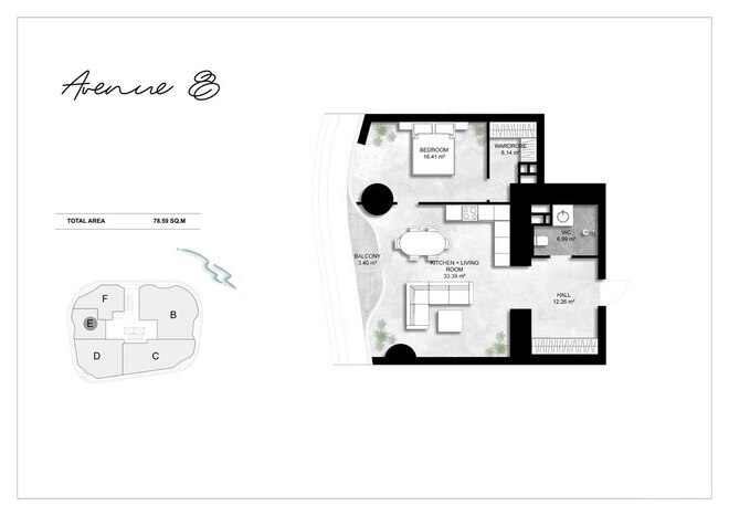 Avenue 8 yaşayış kompleksi, mənzilin planı - 2-otaqlı, 78.59 m²