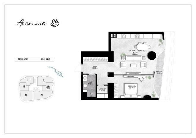 Avenue 8 yaşayış kompleksi, mənzilin planı - 2-otaqlı, 91.5 m²