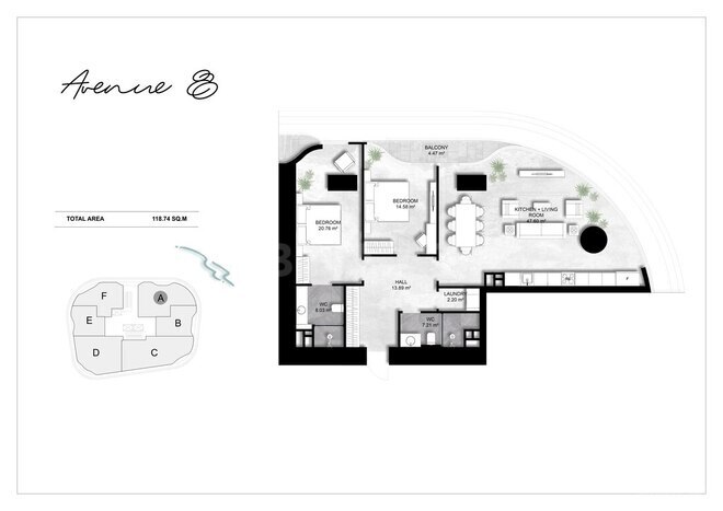 Avenue 8 yaşayış kompleksi, mənzilin planı - 3-otaqlı, 118.74 m²