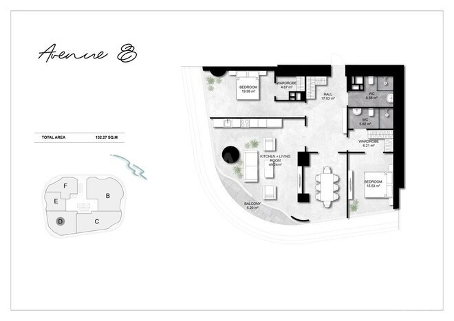 Avenue 8 yaşayış kompleksi, mənzilin planı - 3-otaqlı, 132.27 m²