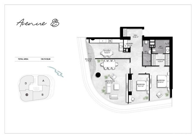 Avenue 8 yaşayış kompleksi, mənzilin planı - 3-otaqlı, 138.78 m²
