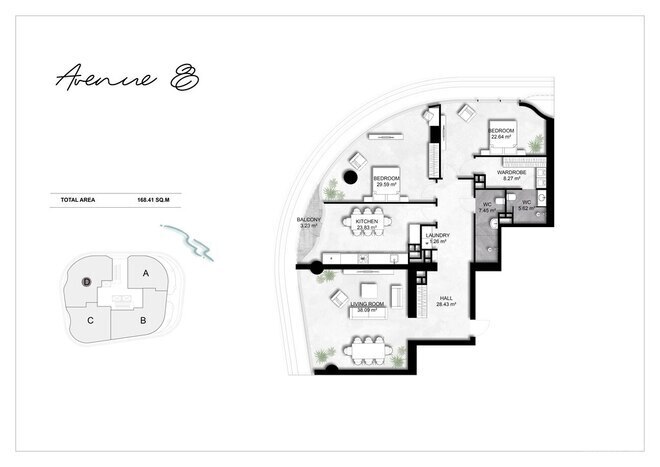 Avenue 8 yaşayış kompleksi, mənzilin planı - 3-otaqlı, 168.41 m²