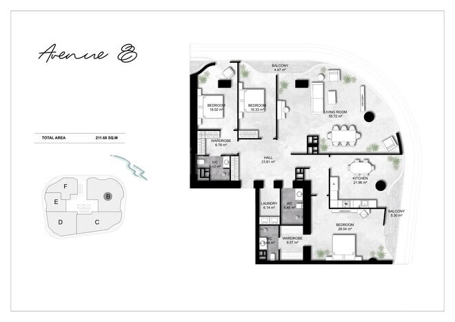 Avenue 8 yaşayış kompleksi, mənzilin planı - 3-otaqlı, 211.68 m²