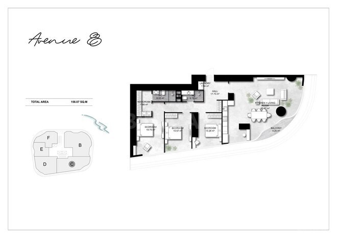 Avenue 8 yaşayış kompleksi, mənzilin planı - 4-otaqlı, 156.07 m²
