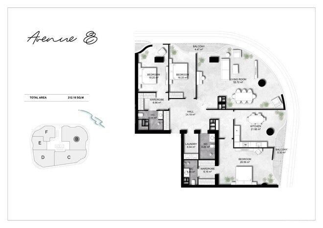 Avenue 8 yaşayış kompleksi, mənzilin planı - 4-otaqlı, 212.18 m²