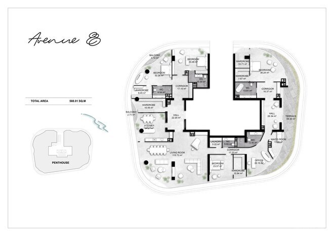 Avenue 8 yaşayış kompleksi, mənzilin planı - 6-otaqlı, 588.01 m²