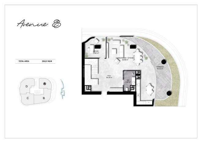 Avenue 8 yaşayış kompleksi, mənzilin planı - 3-otaqlı, 259.01 m²