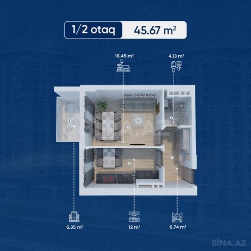 Lake City yaşayış kompleksi, mənzilin planı - 1-otaqlı, 45.67 m²