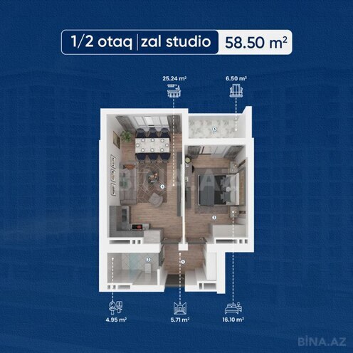 Lake City yaşayış kompleksi, mənzilin planı - 1-otaqlı, 58.5 m²