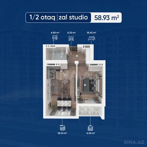 Lake City yaşayış kompleksi, mənzilin planı - 1-otaqlı, 58.93 m²