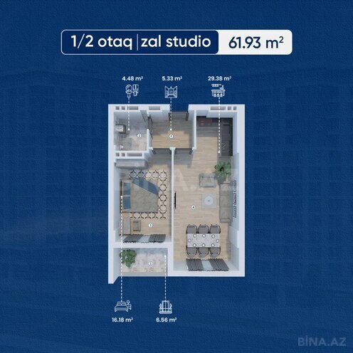 Lake City yaşayış kompleksi, mənzilin planı - 1-otaqlı, 61.93 m²