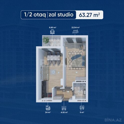Lake City yaşayış kompleksi, mənzilin planı - 1-otaqlı, 63.27 m²