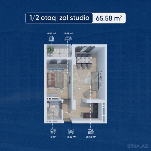 Lake City yaşayış kompleksi, mənzilin planı - 1-otaqlı, 65.58 m²