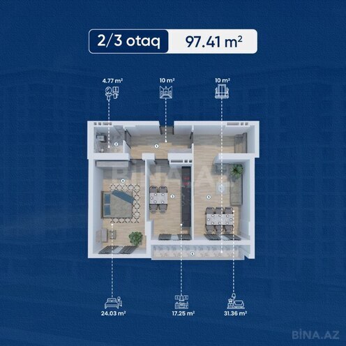 Lake City yaşayış kompleksi, mənzilin planı - 2-otaqlı, 97.41 m²