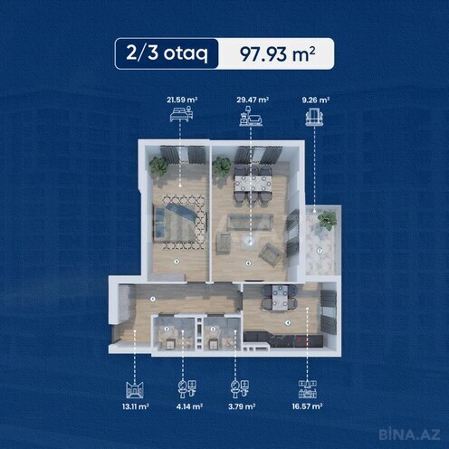 Lake City yaşayış kompleksi, mənzilin planı - 2-otaqlı, 97.93 m²