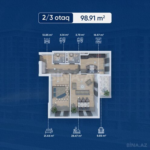 Lake City yaşayış kompleksi, mənzilin planı - 2-otaqlı, 98.91 m²