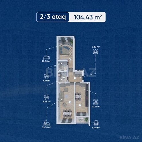 Lake City yaşayış kompleksi, mənzilin planı - 2-otaqlı, 104.43 m²