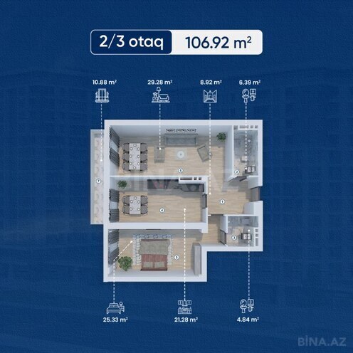 Lake City yaşayış kompleksi, mənzilin planı - 2-otaqlı, 106.92 m²