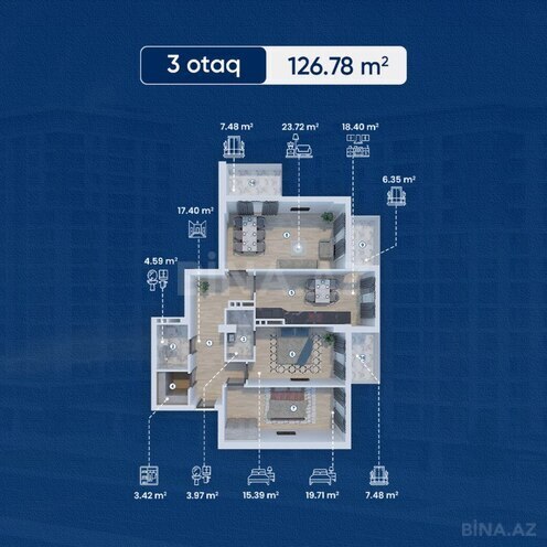 Lake City yaşayış kompleksi, mənzilin planı - 3-otaqlı, 126.78 m²