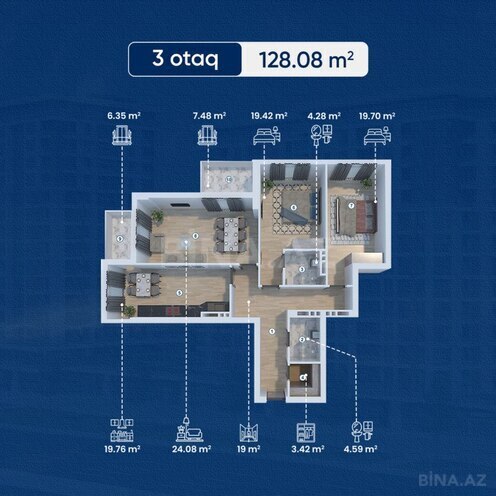 Lake City yaşayış kompleksi, mənzilin planı - 3-otaqlı, 128.08 m²