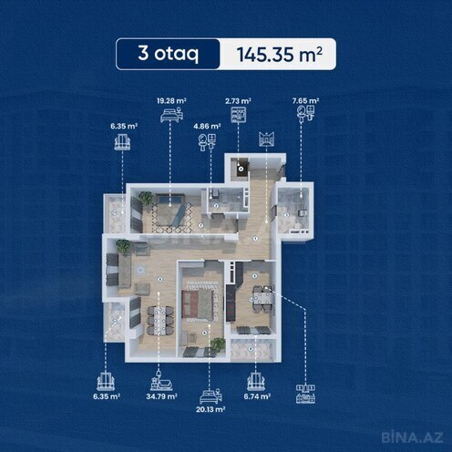 Lake City yaşayış kompleksi, mənzilin planı - 3-otaqlı, 145.35 m²