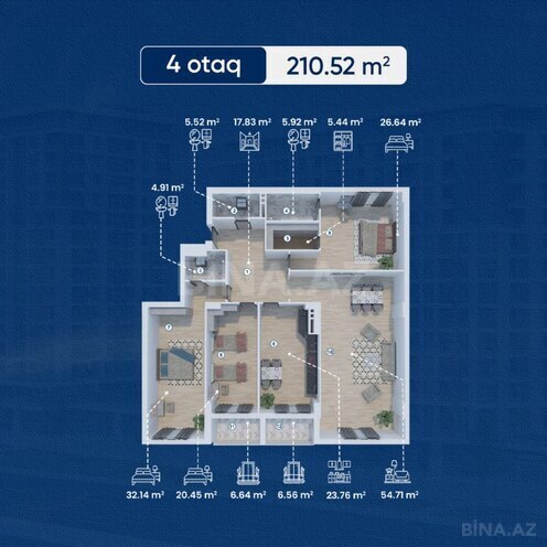 Lake City yaşayış kompleksi, mənzilin planı - 4-otaqlı, 210.52 m²