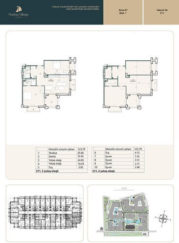 Sea Breeze Marina Village yaşayış kompleksi, mənzilin planı - 3-otaqlı, 123.79 m²