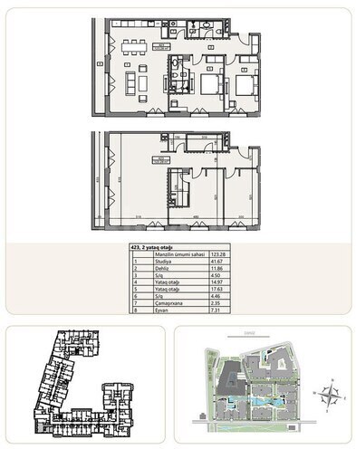 Sea Breeze Marina Village yaşayış kompleksi, mənzilin planı - 2-otaqlı, 123.28 m²