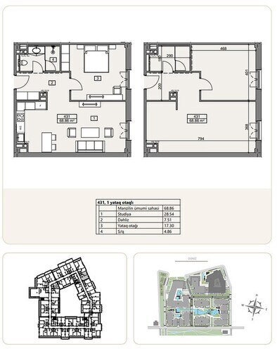 Sea Breeze Marina Village yaşayış kompleksi, mənzilin planı - 2-otaqlı, 68.86 m²