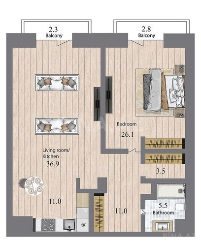 Sea Breeze Palazzo Del Mare yaşayış kompleksi, mənzilin planı - 2-otaqlı, 114.3 m²