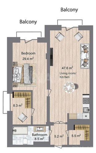 Sea Breeze Palazzo Del Mare yaşayış kompleksi, mənzilin planı - 2-otaqlı, 128.3 m²