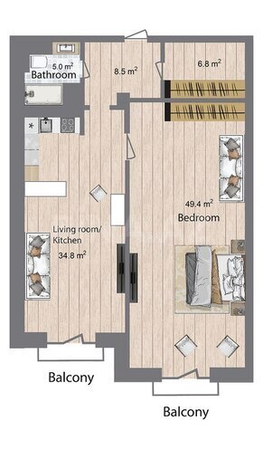 Sea Breeze Palazzo Del Mare yaşayış kompleksi, mənzilin planı - 2-otaqlı, 124 m²
