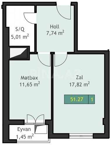 West Town yaşayış kompleksi, mənzilin planı - 1-otaqlı, 51.27 m²