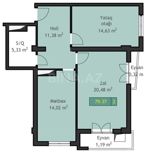 West Town yaşayış kompleksi, mənzilin planı - 2-otaqlı, 79.37 m²
