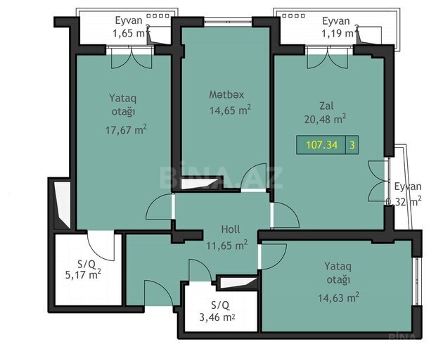 West Town yaşayış kompleksi, mənzilin planı - 3-otaqlı, 107.34 m²
