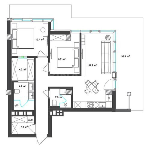 Sea Breeze Polo Residences yaşayış kompleksi, mənzilin planı - 3-otaqlı, 117.5 m²