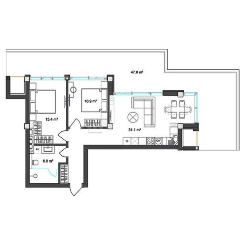 Sea Breeze Polo Residences yaşayış kompleksi, mənzilin planı - 3-otaqlı, 121.9 m²