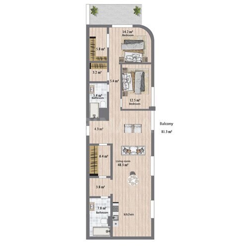 Sea Breeze Palm Beach yaşayış kompleksi, mənzilin planı - 3-otaqlı, 229.4 m²