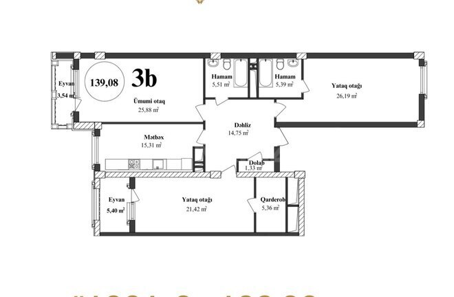 Продаётся 3-комн. новостройка 136 м², м. Элмляр Академиясы, photo 9 from 10