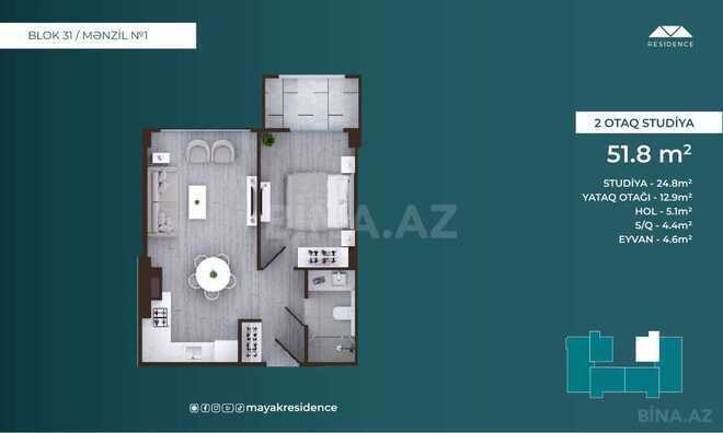 Mayak Residence yaşayış kompleksi, mənzilin planı - 2-otaqlı, 51.8 m²