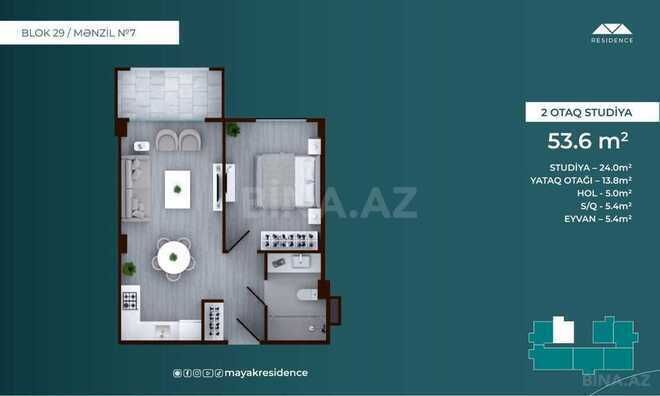 Mayak Residence yaşayış kompleksi, mənzilin planı - 2-otaqlı, 53.6 m²