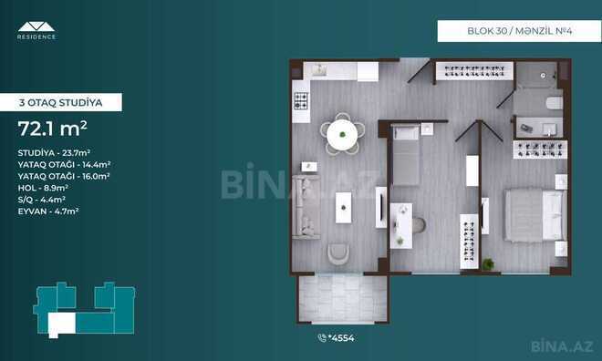Mayak Residence yaşayış kompleksi, mənzilin planı - 2-otaqlı, 72.1 m²
