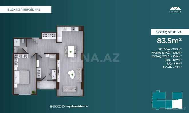 Mayak Residence yaşayış kompleksi, mənzilin planı - 3-otaqlı, 83.5 m²