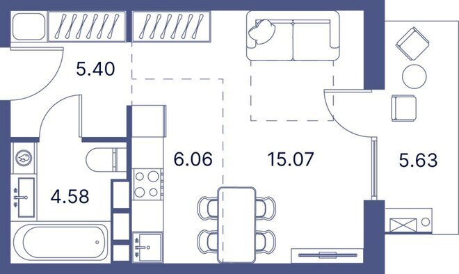 Port d’Azur yaşayış kompleksi, mənzilin planı - 1-otaqlı, 42.16 m²