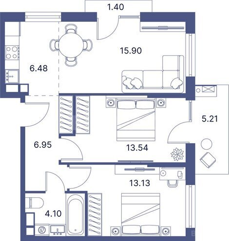 Port d’Azur yaşayış kompleksi, mənzilin planı - 1-otaqlı, 43.47 m²
