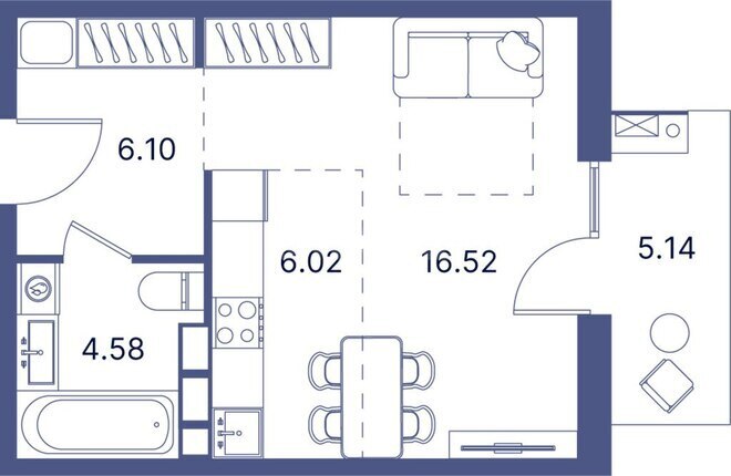 Port d’Azur yaşayış kompleksi, mənzilin planı - 1-otaqlı, 44.71 m²