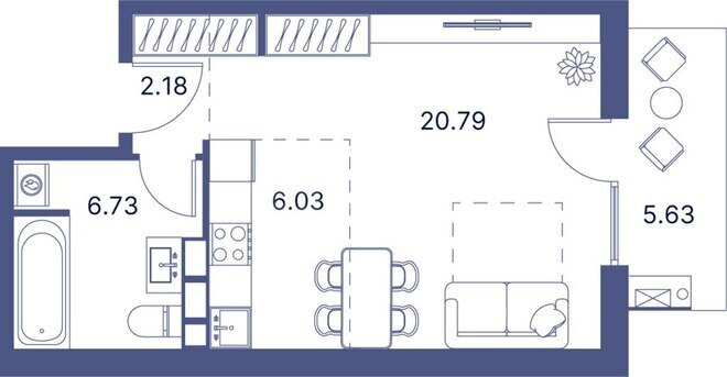 Port d’Azur yaşayış kompleksi, mənzilin planı - 1-otaqlı, 49.64 m²