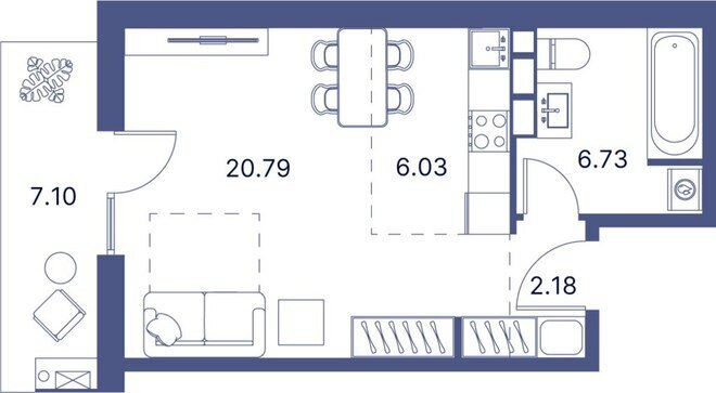 Port d’Azur yaşayış kompleksi, mənzilin planı - 1-otaqlı, 51.15 m²