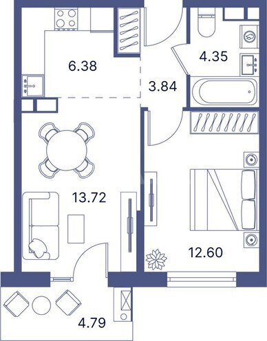 Port d’Azur yaşayış kompleksi, mənzilin planı - 1-otaqlı, 52.58 m²